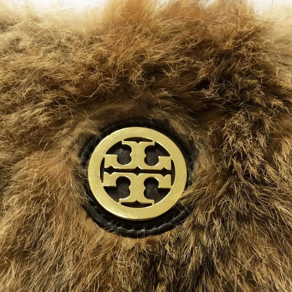 Tory Burch Genuine Rabbit Fur Shoulder Bag Natural Brown Gold Chain Strap